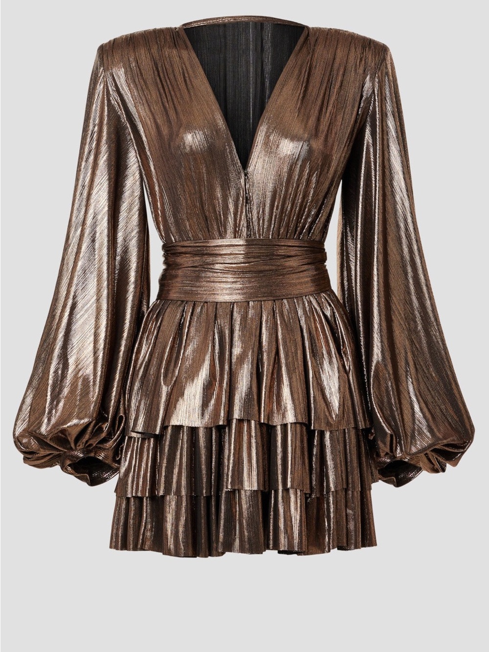 Bronx and Banco Metallic Bronze V-Neck Long Sleeve Tiered Mini Dress